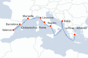 Carte itinéraire croisière - 10 jours au départ de Barcelone - Méditerranée