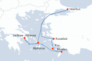 Carte itinéraire croisière - 10 jours au départ de Le Piree - Athenes - Méditerranée
