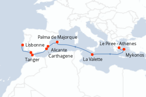 Carte itinéraire croisière - 10 jours au départ de Le Piree - Athenes - Atlantique