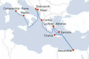 Carte itinéraire croisière - 14 jours au départ de Le Piree - Athenes - Méditerranée