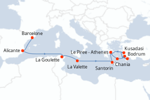 Carte itinéraire croisière - 14 jours au départ de Barcelone - Méditerranée