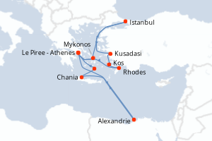 Carte itinéraire croisière - 17 jours au départ de Le Piree - Athenes - Méditerranée