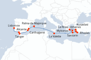 Carte itinéraire croisière - 17 jours au départ de Le Piree - Athenes - Atlantique
