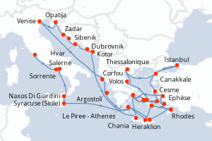 Carte itinéraire croisière - 38 jours au départ de Le Piree - Athenes - Méditerranée