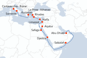 Carte itinéraire croisière - 23 jours au départ de Abu Dhabi - Méditerranée