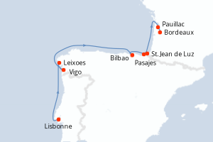 Carte itinéraire croisière - 10 jours au départ de Lisbonne - Garonne Dordogne