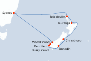 Carte itinéraire croisière - 11 jours au départ de Sydney - Australie Nouvelle Zélande
