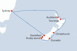 Carte itinéraire croisière - 11 jours au départ de Sydney - Australie Nouvelle Zélande