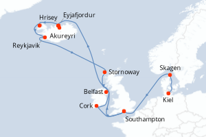 Carte itinéraire croisière - 17 jours au départ de Kiel - Europe du Nord