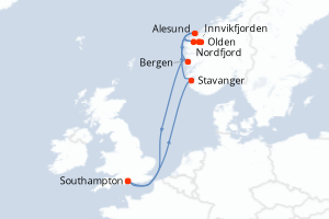 Carte itinéraire croisière - 7 jours au départ de Southampton - Europe du Nord