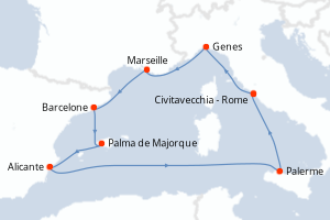 Carte itinéraire croisière - 8 jours au départ de Civitavecchia - Rome - Méditerranée