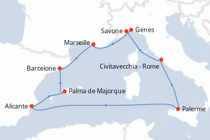 Carte itinéraire croisière - 8 jours au départ de Genes - Méditerranée