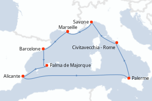 Carte itinéraire croisière - 8 jours au départ de Marseille - Méditerranée