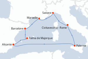 Carte itinéraire croisière - 8 jours au départ de Palma de Majorque - Iles Baleares