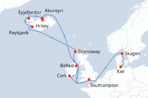 Carte itinéraire croisière - 17 jours au départ de Kiel - Europe du Nord