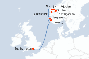 Carte itinéraire croisière - 7 jours au départ de Southampton - Europe du Nord