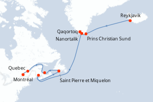 Carte itinéraire croisière  - 14 jours au départ de Reykjavik - Amérique du Nord