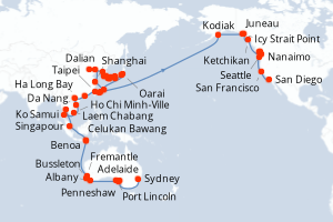 Carte itinéraire croisière - 91 jours au départ de Sydney - Tour du Monde