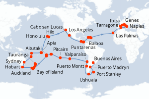 Carte itinéraire croisière - 102 jours au départ de Buenos Aires - Tour du Monde