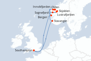Carte itinéraire croisière - 7 jours au départ de Southampton - Europe du Nord