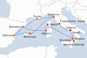 Carte itinéraire croisière - 14 jours au départ de Barcelone - Méditerranée