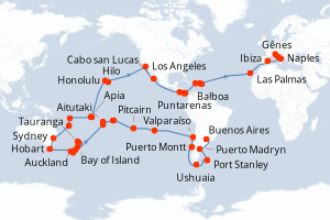 Carte itinéraire croisière - 100 jours au départ de Buenos Aires - Tour du Monde