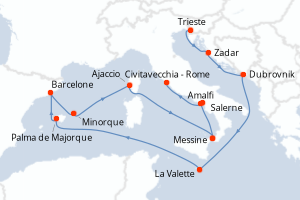 Carte itinéraire croisière - 14 jours au départ de Trieste - Méditerranée