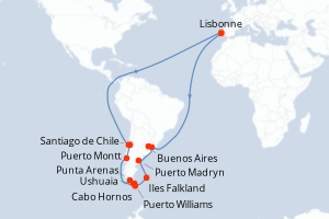 Carte itinéraire croisière - 19 jours au départ de Lisbonne - Atlantique