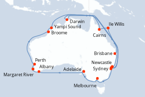 Carte itinéraire croisière - 28 jours au départ de Sydney - Australie Nouvelle Zélande