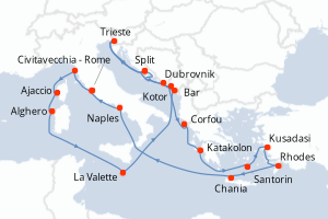 Carte itinéraire croisière - 21 jours au départ de Civitavecchia - Rome - Méditerranée