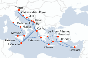 Carte itinéraire croisière - 32 jours au départ de Trieste - Méditerranée