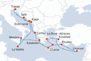 Carte itinéraire croisière - 21 jours au départ de Trieste - Méditerranée