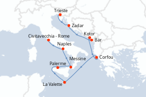 Carte itinéraire croisière - 11 jours au départ de Trieste - Méditerranée