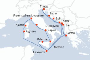 Carte itinéraire croisière - 21 jours au départ de Trieste - Méditerranée