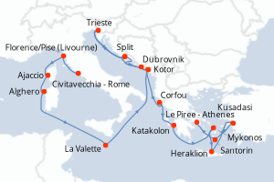 Carte itinéraire croisière - 19 jours au départ de Civitavecchia - Rome - Méditerranée