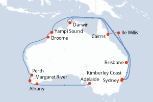 Carte itinéraire croisière - 22 jours au départ de Adelaide - Australie Nouvelle Zélande
