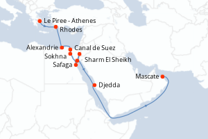 Carte itinéraire croisière - 18 jours au départ de Le Piree - Athenes - Moyen-Orient Dubaï