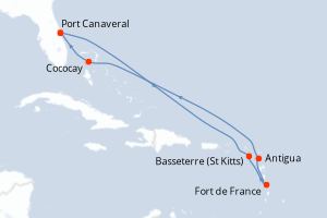 Carte itinéraire croisière  - 9 jours au départ de Port Canaveral - Caraïbes Bahamas