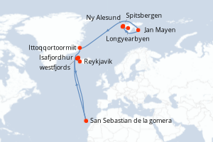 Carte itinéraire croisière - 13 jours au départ de Longyearbyen - Europe du Nord