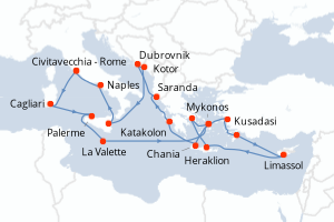 Carte itinéraire croisière - 21 jours au départ de Civitavecchia - Rome - Méditerranée