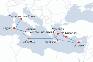 Carte itinéraire croisière - 11 jours au départ de Civitavecchia - Rome - Méditerranée