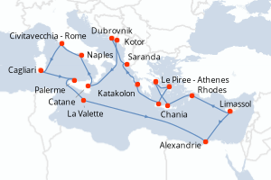 Carte itinéraire croisière - 21 jours au départ de Le Piree - Athenes - Méditerranée