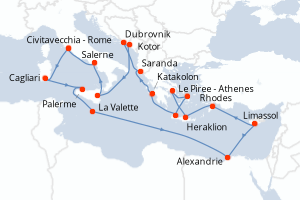 Carte itinéraire croisière - 21 jours au départ de Civitavecchia - Rome - Méditerranée