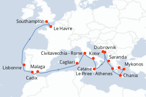 Carte itinéraire croisière - 19 jours au départ de Le Piree - Athenes - Europe du Nord
