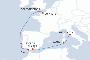 Carte itinéraire croisière - 9 jours au départ de Civitavecchia - Rome - Europe du Nord