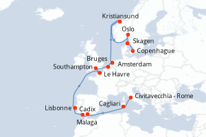Carte itinéraire croisière - 16 jours au départ de Civitavecchia - Rome - Europe du Nord