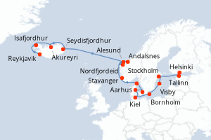 Carte itinéraire croisière - 17 jours au départ de Helsinki - Europe du Nord