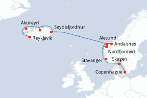Carte itinéraire croisière - 10 jours au départ de Copenhague - Europe du Nord