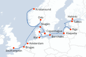 Carte itinéraire croisière - 14 jours au départ de Southampton - Baltique