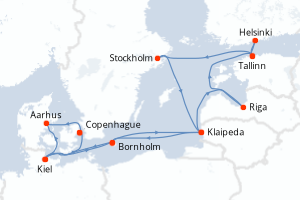 Carte itinéraire croisière - 14 jours au départ de Copenhague - Europe du Nord